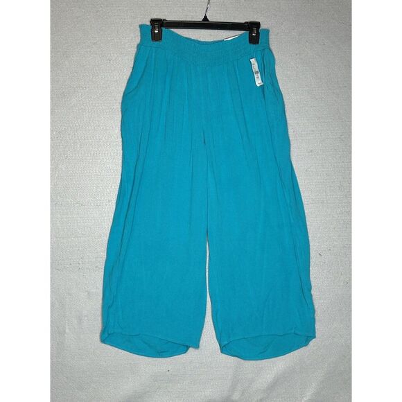NWT Catherines‎ 0XL 14/16W Teal Blue Wide Leg Elastic Waist Capri Rayon Crinkle - Picture 2 of 7